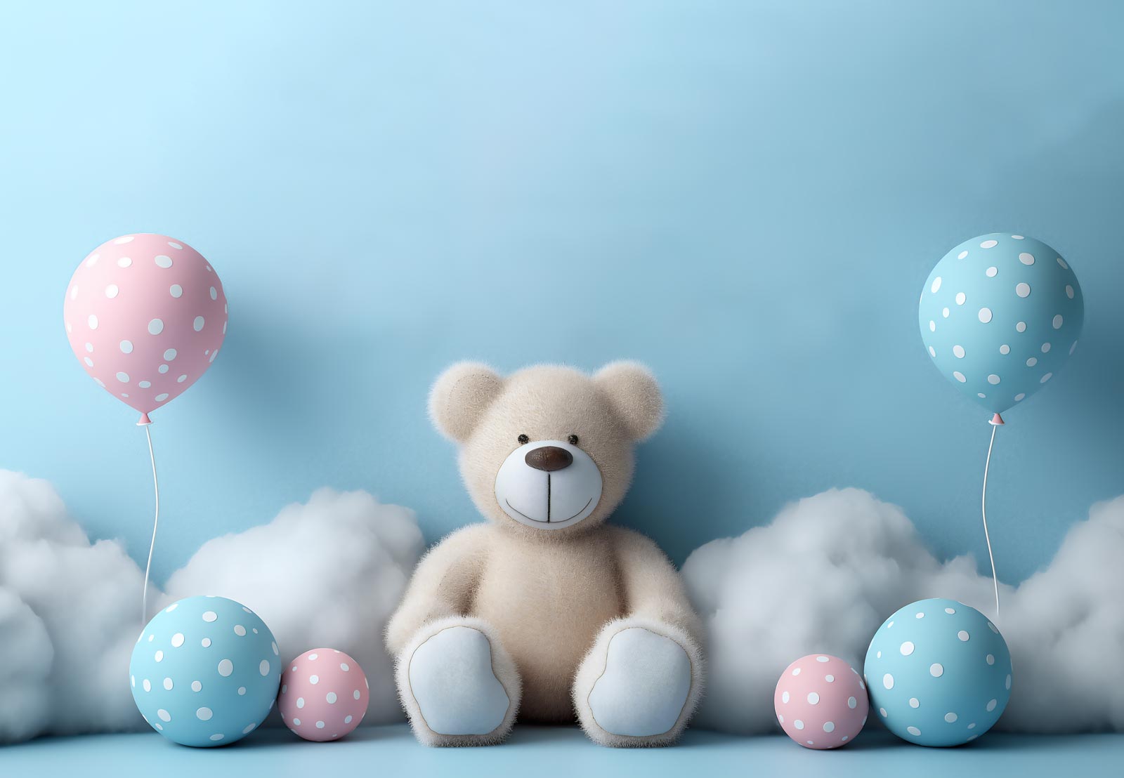 Teddy Bear With Air Balloons In Clouds Background - Pixcrafter